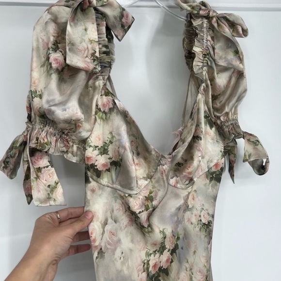 💕Selkie🐱The Poet Pink Puff Sleeve 100% Silk Charmeuse Cat Print Maxi Dress - Picture 3 of 16